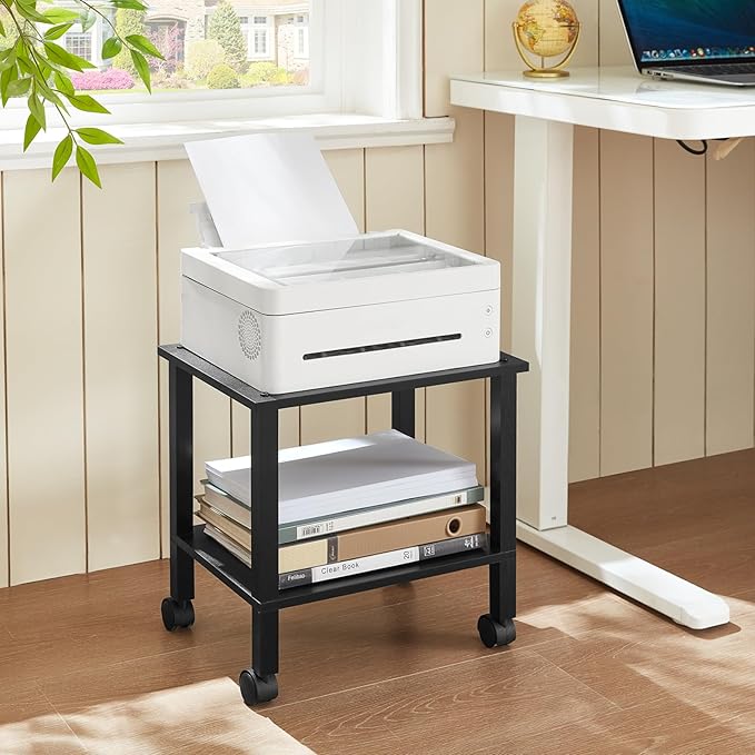 2 Tier Printer Stand with Storage, Under Desk Shelf Printer Table, Rolling - Image 2