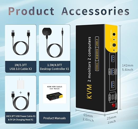 HDMI kvm Switch 2 Monitors 2 Computers Dual Monitor kvm Switch, 3*USB3.0&1*USB C - Image 7