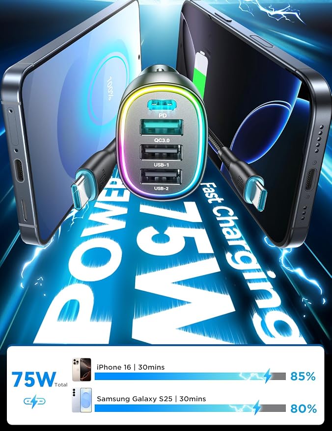 75W Car Charger USB C Cigarette Lighter Adapter 4-Port Fast Car Charger - Image 8