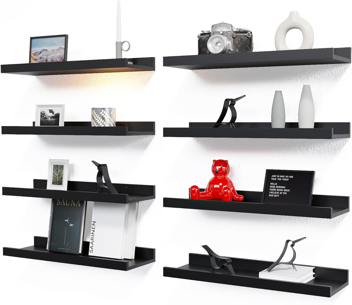 RICHER HOUSE Floating Wall Mounted Shelves, 8pc Set with Lip - Black Nursery Book Shelves for Bedroom, Bathroom, Kitchen Decor Storage
