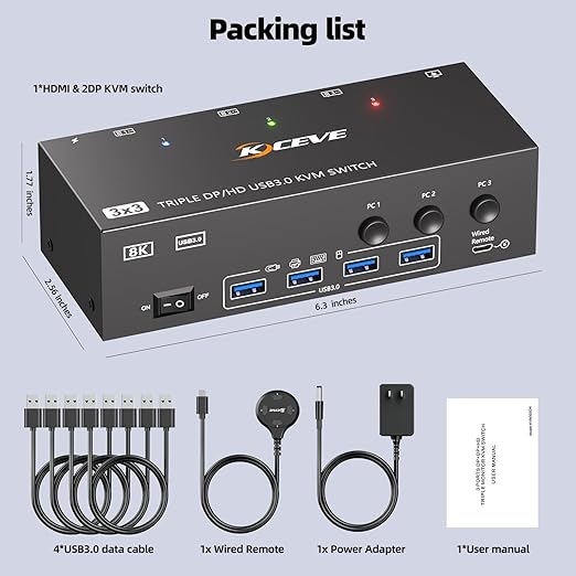 KVM Switch 3 Monitors 3 Computers 8K@60Hz 4K@144Hz, HDMI Dispalyport Triple - Image 8