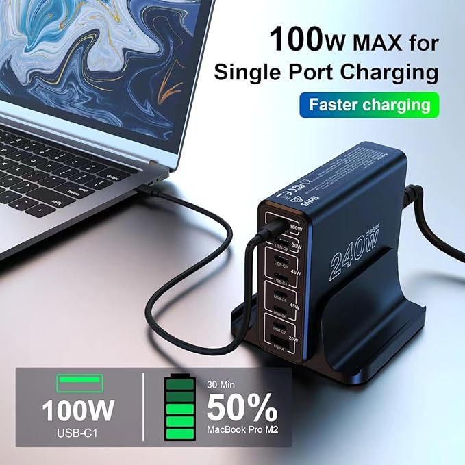URVNS 240W USB C Charger, 8-Ports Compact GaN PD 100W PPS 45W QC20W Multiport - Image 3