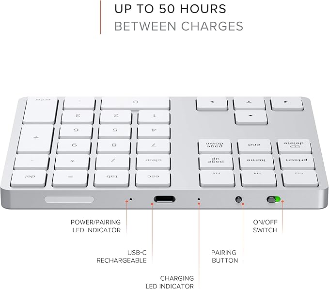 Satechi Bluetooth Extended Numeric Keypad, Slim Rechargeable 34-Key Numberpad - Image 3