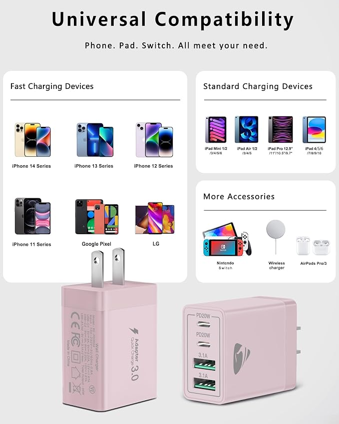 40W USB C Charger Cube, 4-Port QC Wall Plug +PD 3.0 Power Adapter Multiport - Image 5