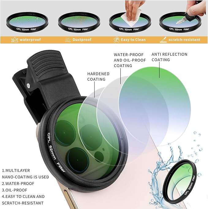 52MM CPL Filter for Phone, Clip-on Circular Polarizing Lens, HD Multi-Coated - Image 3