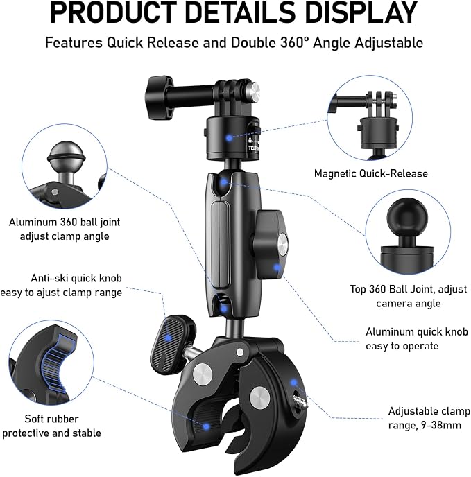 TELESIN° S2 Quick Release Clamp Bike Mount Motorcycle Handlebar Holder - Image 2