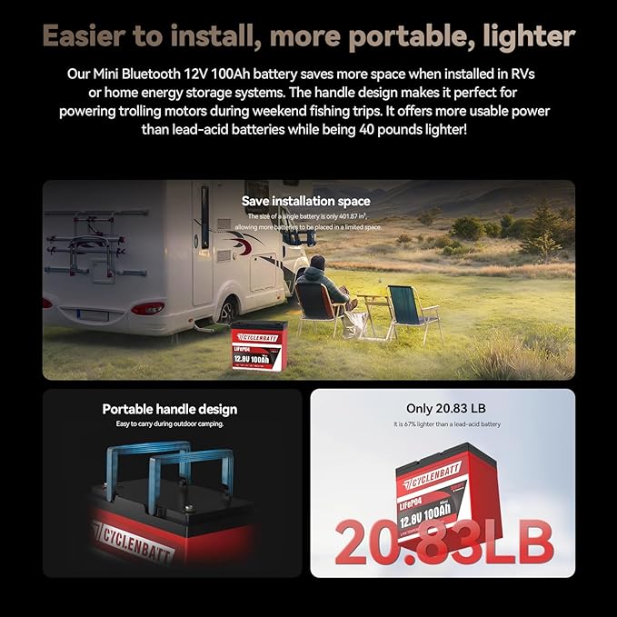 12V 100Ah Mini Bluetooth LiFePO4 Battery, 12 Volt Lithium Battery Bulit in 100A - Image 4
