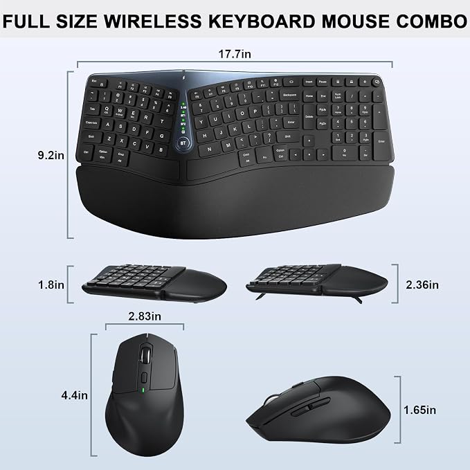 Ergonomic Wireless Keyboard Mouse Combo, MK835 Wave Keys Bluetooth/2.4G Split - Image 7