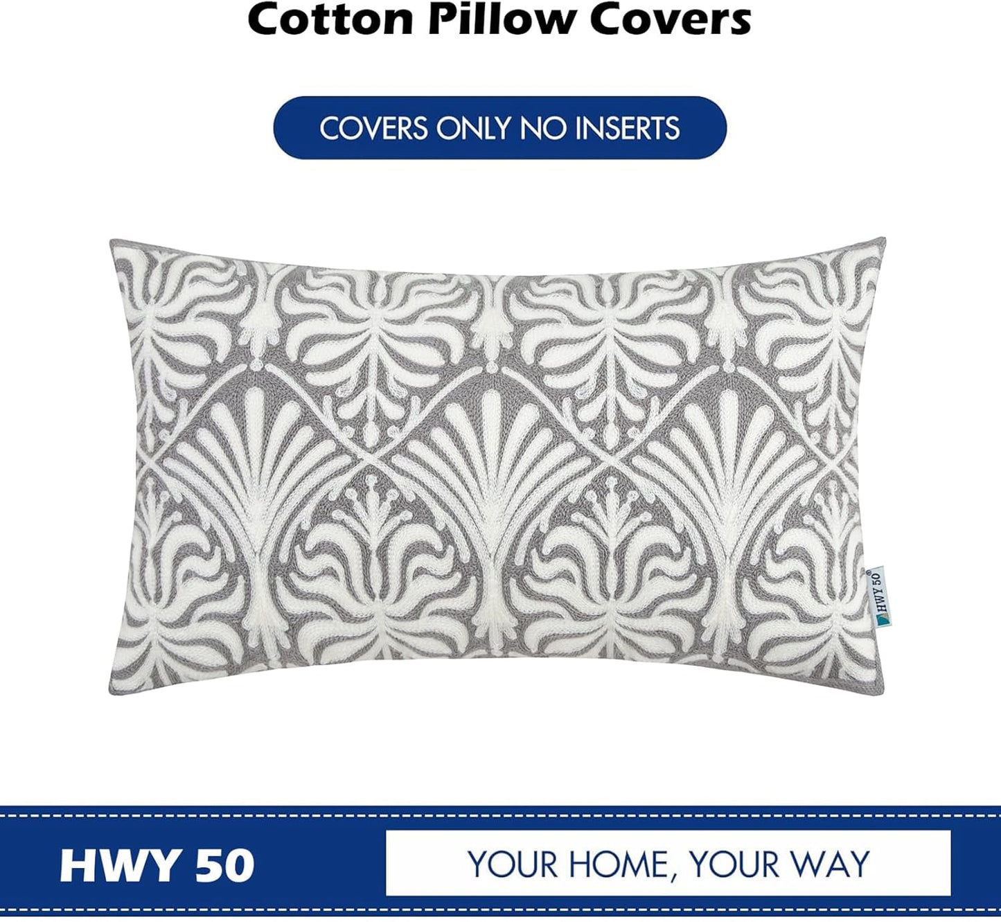 HWY 50 Grey Gray Decorative Lumbar Pillow Cover Rectangle 12x20 Inch (1 Piece), Embroidered Cotton Farmhouse Cushion Cover Pillow Case for Sofa Couch Living Room Bed, Minimalist Floral