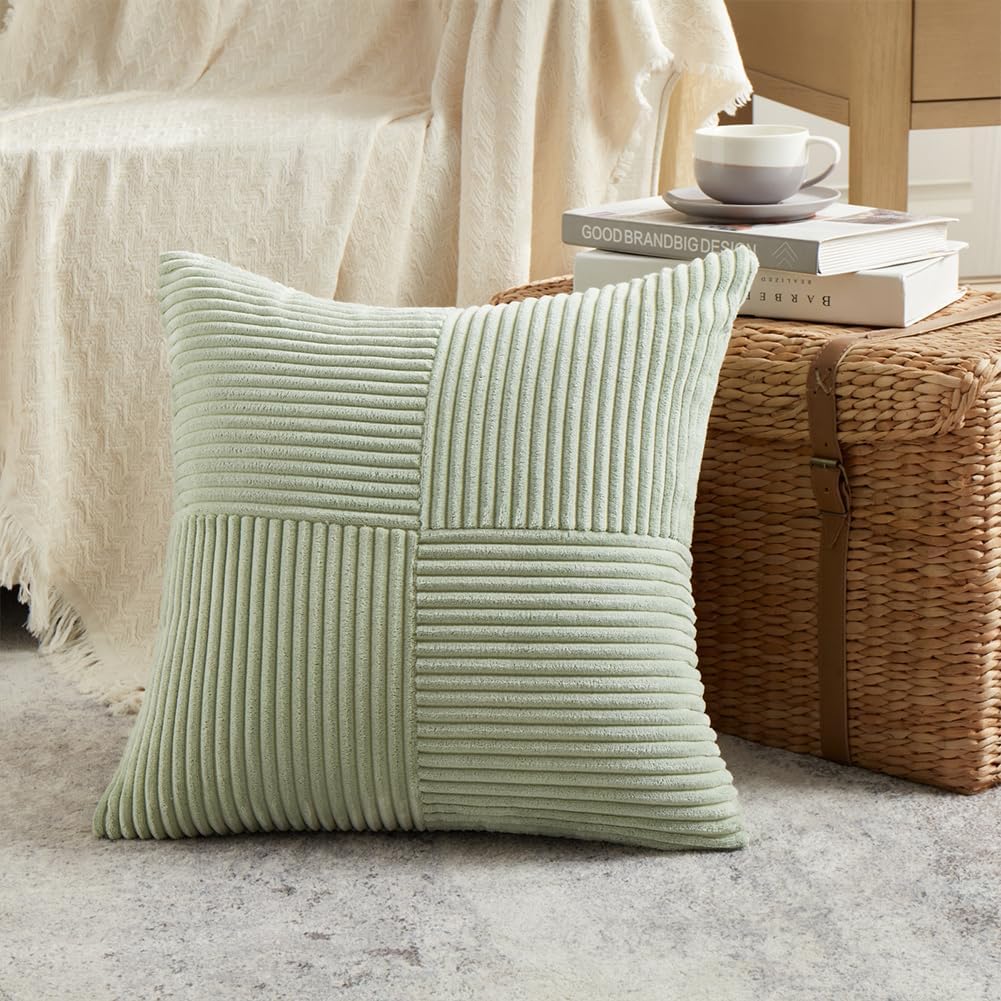 Fancy Homi 2 Packs Sage Green Decorative Throw Pillow Covers 18x18 Inch for Living Room Couch Bed Sofa, Farmhouse Boho Home Decor, Soft Corss Corduroy Patchwork Textured Square Cushion Case 45x45 cm