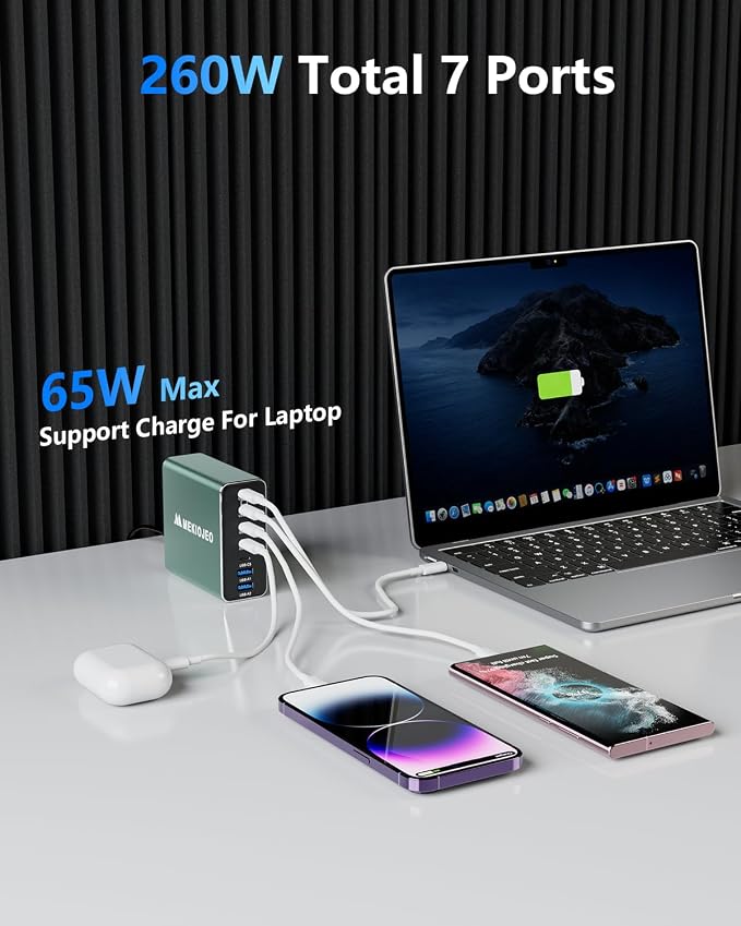 Aluminum Alloy USB C Charger 260W GaN Fast USB C Charging Station 7 Ports 65W - Image 2