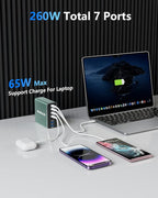Aluminum Alloy USB C Charger 260W GaN Fast USB C Charging Station 7 Ports 65W - Image 2