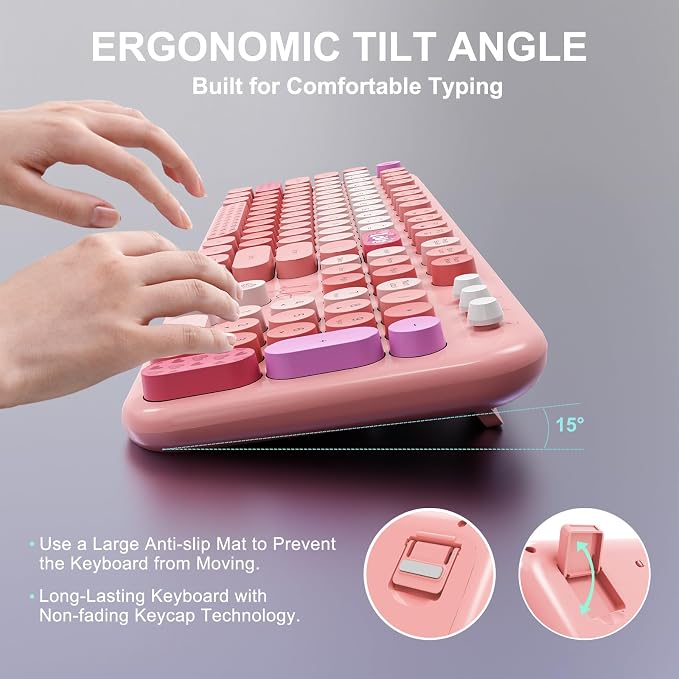 Wireless Keyboard and Mouse Combo, 104 Round Keys Full-Size Cute Colorful Pink - Image 8