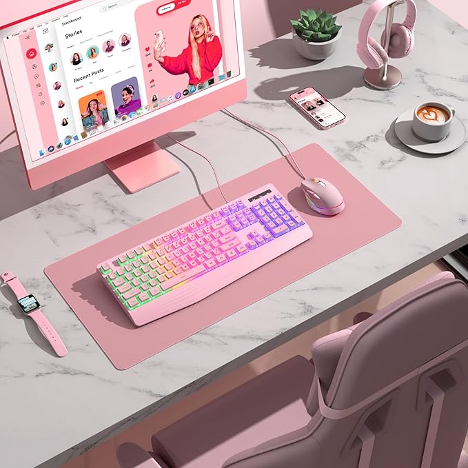 Pink Creamy Keyboard, Rainbow LED Backlit, 104 Keys Silent Light Up Gaming - Image 7