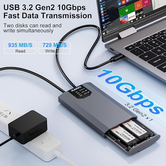 MAIWO Dual NVMe Clone SSD Enclosure, USB3.2 GEN2X2 10Gbps, Support AHCI to NVMe - Image 2