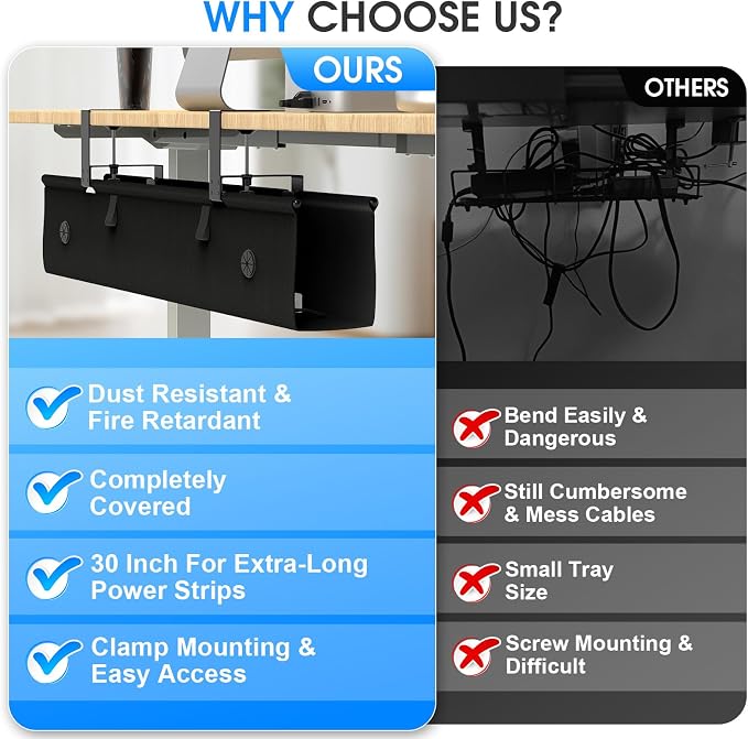 Under Desk Cable Management Tray, 30-inch No-Drill Cord Organizer - Image 6