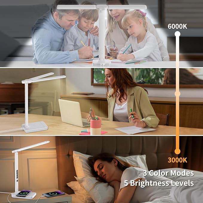 LED Desk Lamp with Charger, USB Charging Port, Dual Swing Arm Desk Light with 5 - Image 3