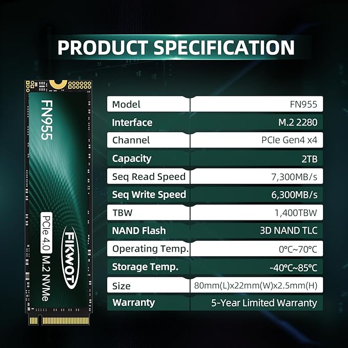 FN955 2TB NVMe SSD M.2 2280 PCIe Gen4x4, 3D NAND TLC Flash Internal Solid State - Image 6