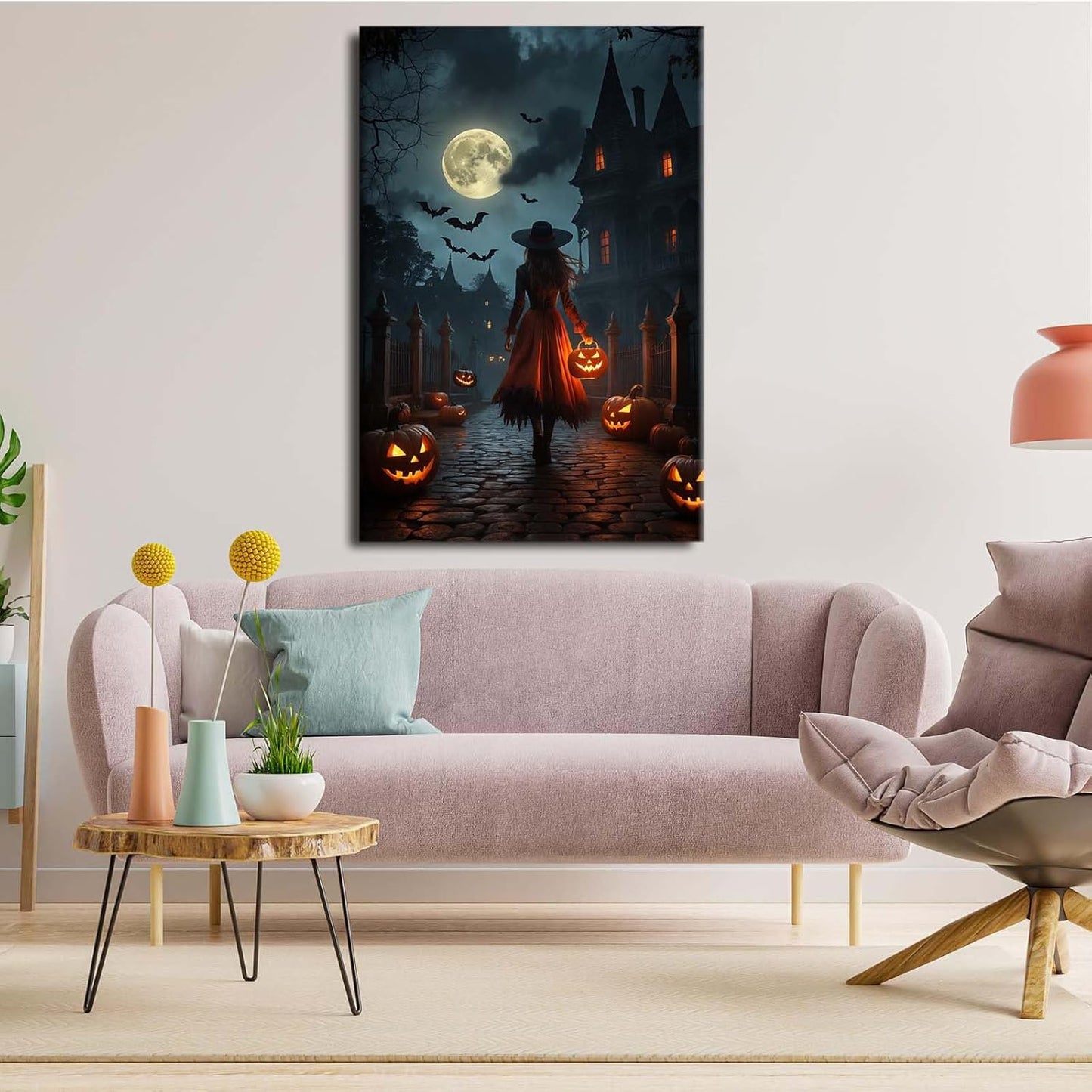 JFHCQJPK Halloween theme poster moonlit autumn night witch vintage poster art print dark college style gothic painting canvas wall decoration bedroom living room ideal gift16x24in Frameless