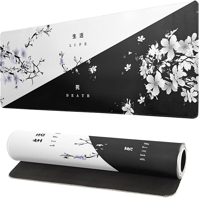 Black and White Japanese Cherry Blossom Gaming Mouse Pad Sakura Death Life by Siski