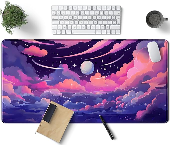 Pastel Pink Purple Clouds Moon Mouse pad Desk Mat, Cute Space Deskmat XXL Large by TENG+DA+QING