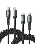 USB C Cable for Car 3FT/6FT, Coiled USB C to USB C Cable Fast Charging 66W by KIYODA