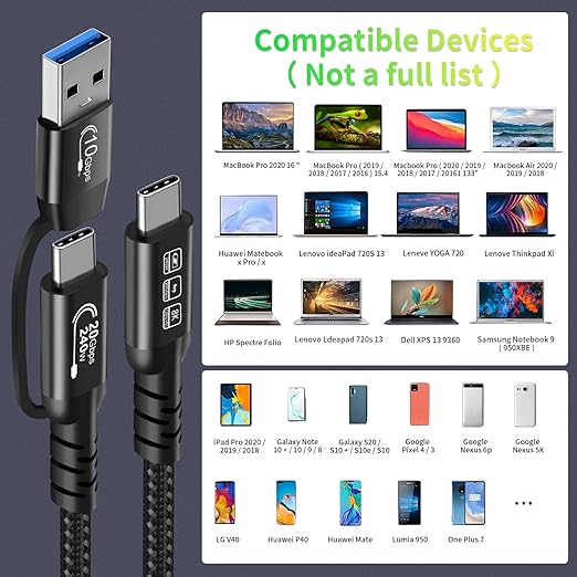 CABLEDECONN USB2.0 A to USB C 3.2 Type C 20Gbps Male to Male Detachable 1m - Image 6