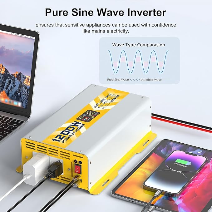 XWJNE 1200W Pure Sine Wave Power Inverter 12V DC to 120V GFCI AC Converter - Image 6