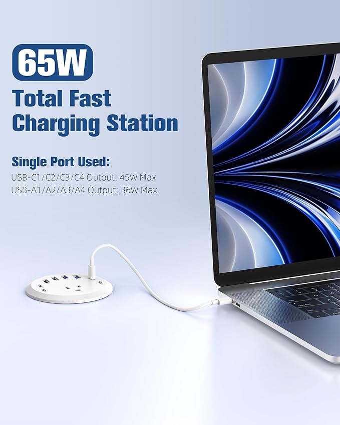 Jgstkcity 65W USB-C Hidden Desktop Power Grommet: 1 AC Outlet, 8 USB Charging - Image 2