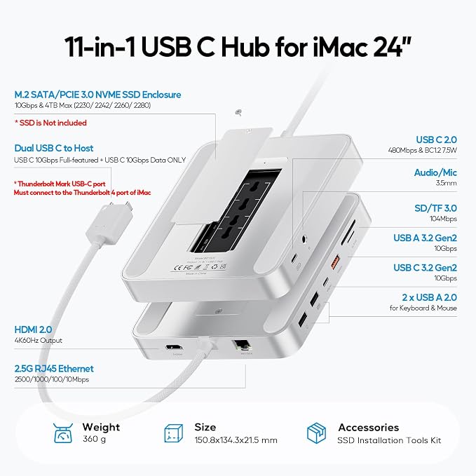 Upgraded 11 in 1 USB C Hub for iMac 24 inch USB Hub 2021 2023 2024 Support M.2 - Image 2