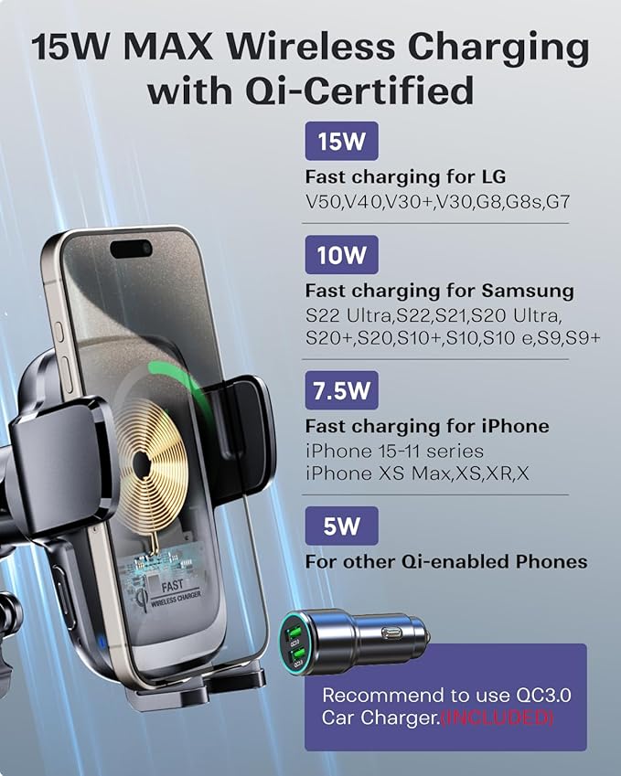 KPON Wireless Charger for Car, Car Phone Holder Charger Mount Qi Certified Auto - Image 4