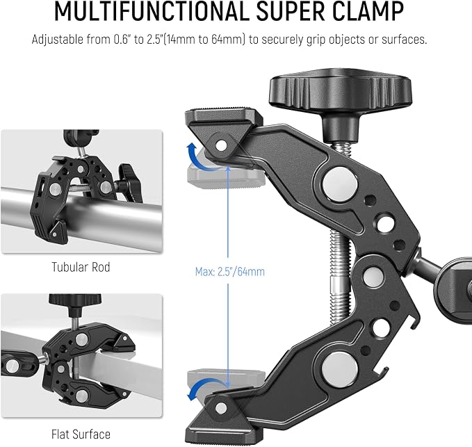 NEEWER Double Super Clamp with Magic Arm, Cleaning Cloth, Umbrella Camera Pole - Image 3