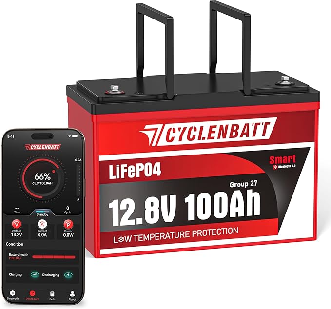 12V 100Ah Bluetooth LiFePO4 Battery, Low-Temp Protection 12V Lithium Battery by CYCLENBATT