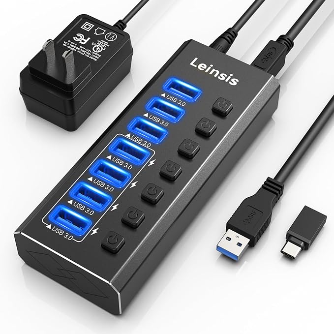Powered USB Hub 3.0, Leinsis 7-Port USB 3.0 Hub 7 Data Transfer Ports+ 4 Smart by LEINSIS