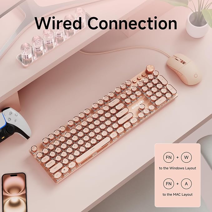 EWEADN Wired Typewriter Keyboard and Mouse Combo, Typewriter Style Mechanical - Image 5