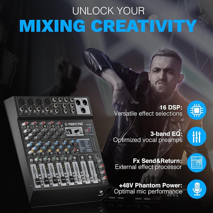 Professional 6-Channel Audio Mixer, Phenyx Pro DJ Sound Mixer Board w/Flexible - Image 4