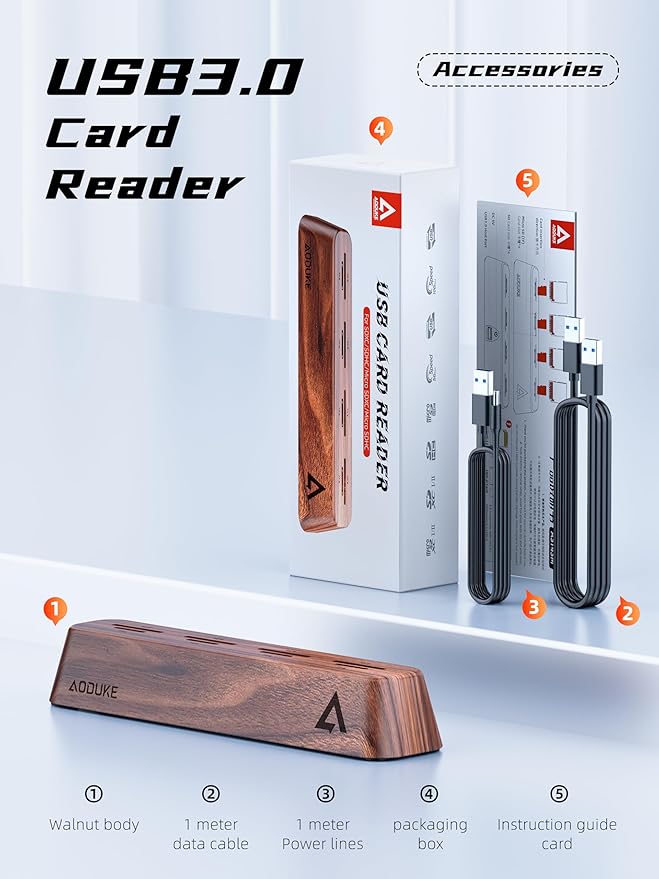 8-Port USB 3.0 SD Card Reader, Walnut Wood Design 5Gbps Data, Simultaneous - Image 8