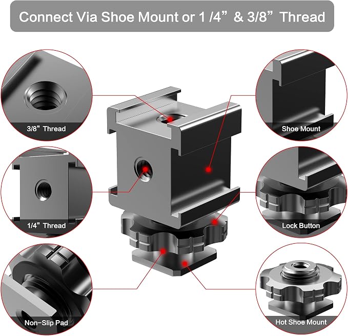 Triple Cold Shoe Mount Cold Shoe Adapter, 360 Degree Swivel Aluminum Camera Hot - Image 3