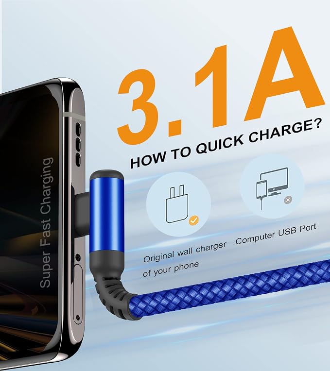sweguard USB Type C Charger Cable Right Angle iPhone 16 Charger Nylon Braided - Image 3
