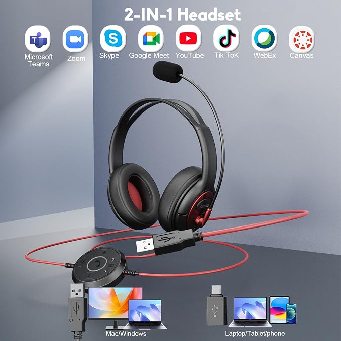 MAIRDI USB Headset with Microphone, Wired PC Headset, USB-A & USB-C Computer - Image 5