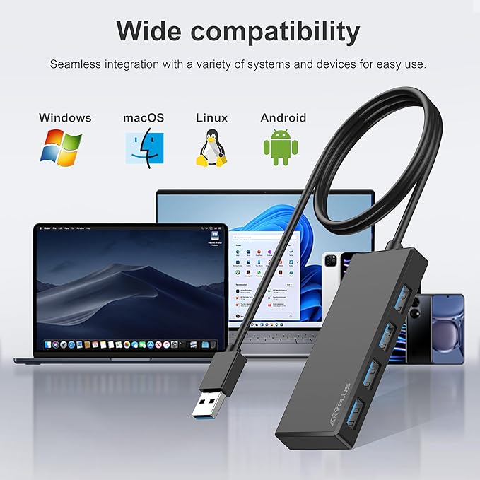 USB Hub, 2 ft Long Cable USB 3.0 Hub, USB Extender - Image 7