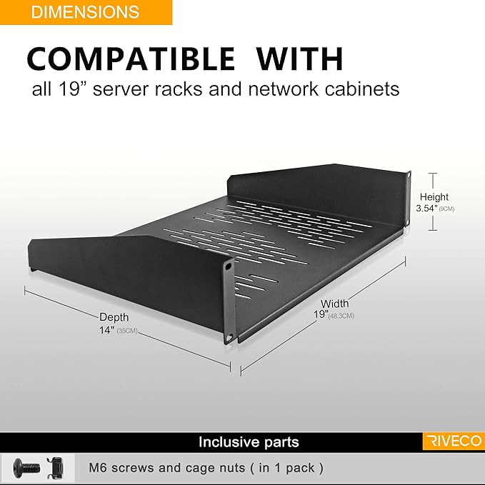 RIVECO 2 PCS 2U Rack Shelves 14 Inch Depth, Rack Mount Vented Cantilevers - Image 2