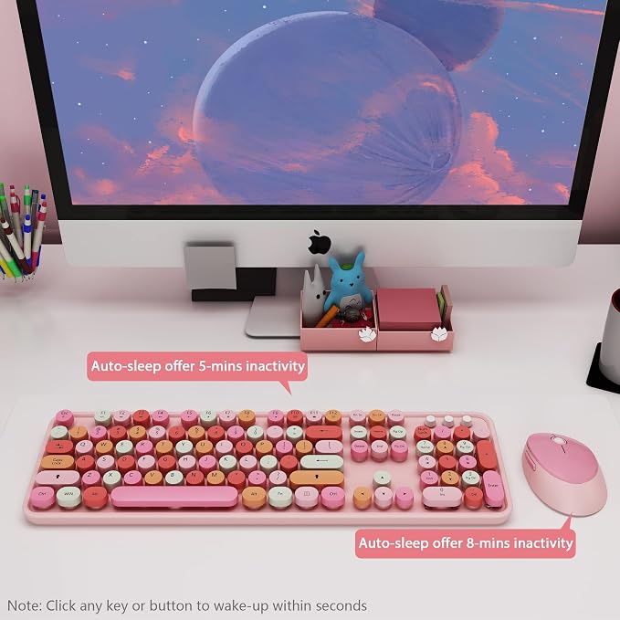 Cute Pink Wireless Keyboard and Mouse, 2.4G Retro Round Keycap - Image 7
