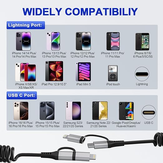 USB to USB-C and Lightning Cable Combo, 2 in 1 Coiled iPhone Charger Cable - Image 5