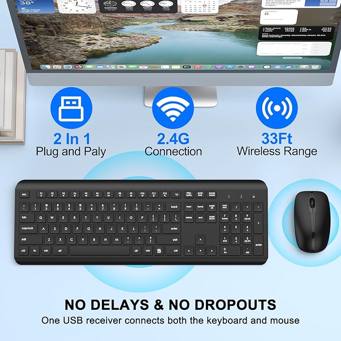 Wireless Keyboard and Mouse Combo, Full-Size Silent Ergonomic Keyboard and - Image 2