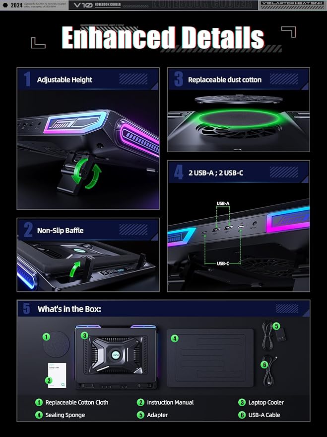 llano V10 Gaming Laptop Cooling Pad, RGB Laptop Cooler Stand - Image 6