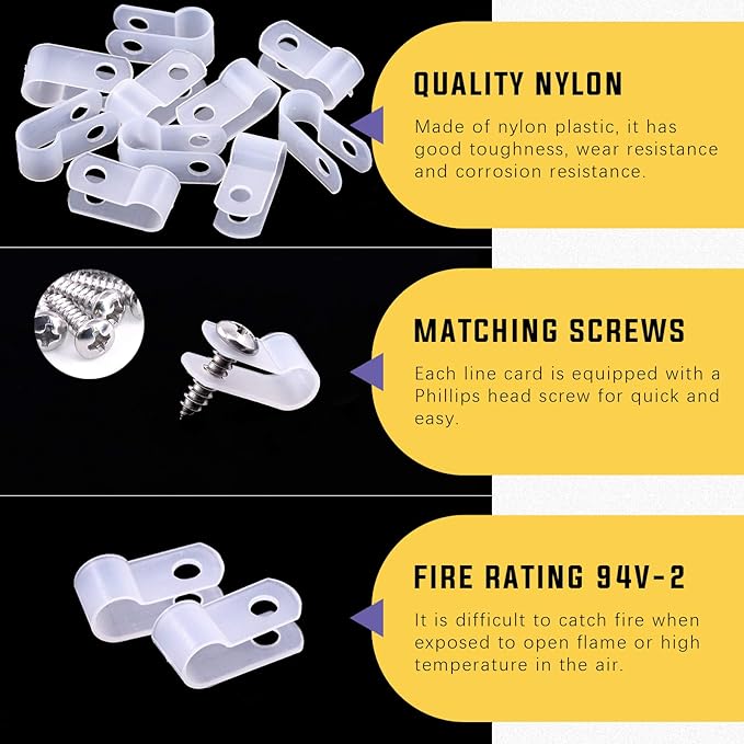 Swpeet 120 Pack White 1/4 Inch Nylon Plastic R-Type Cable Clips Clamp Kit - Image 3