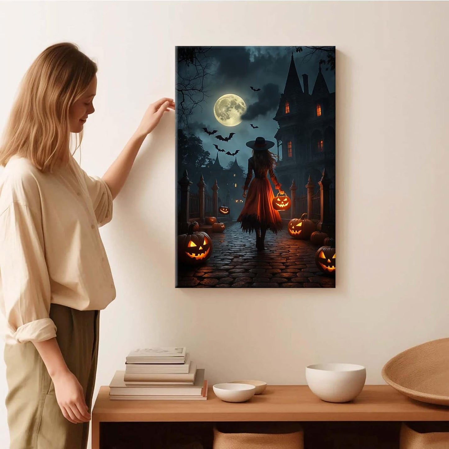 JFHCQJPK Halloween theme poster moonlit autumn night witch vintage poster art print dark college style gothic painting canvas wall decoration bedroom living room ideal gift20x30in Frameless