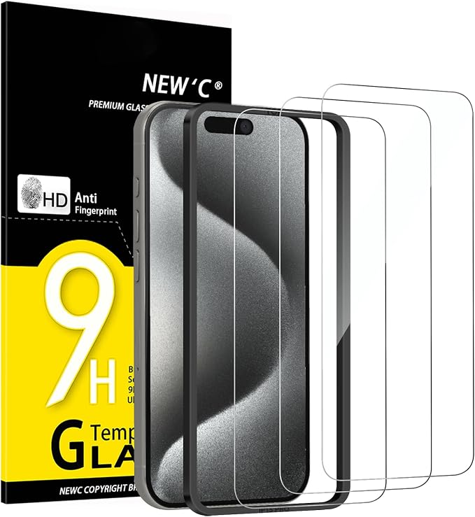 NEW'C 3 Pack Designed for iPhone 15 Pro Screen Protector, Enhanced Tempered by NEWC