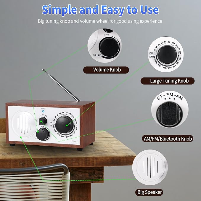 Vintage Wood AM FM Bluetooth Speaker Radio Plug in Wall, Elegant and Retro - Image 6